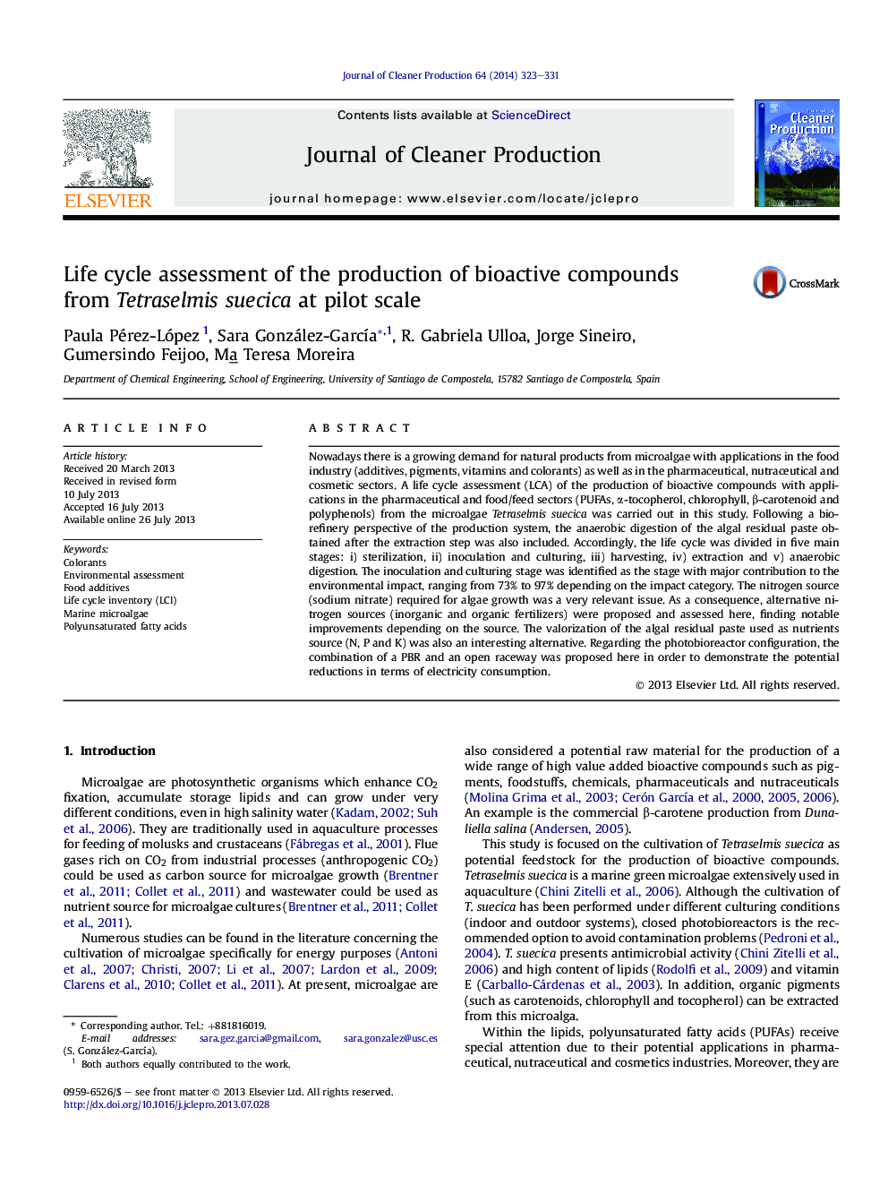 Life cycle assessment of the production of bioactive compounds fromÂ Tetraselmis suecica at pilot scale