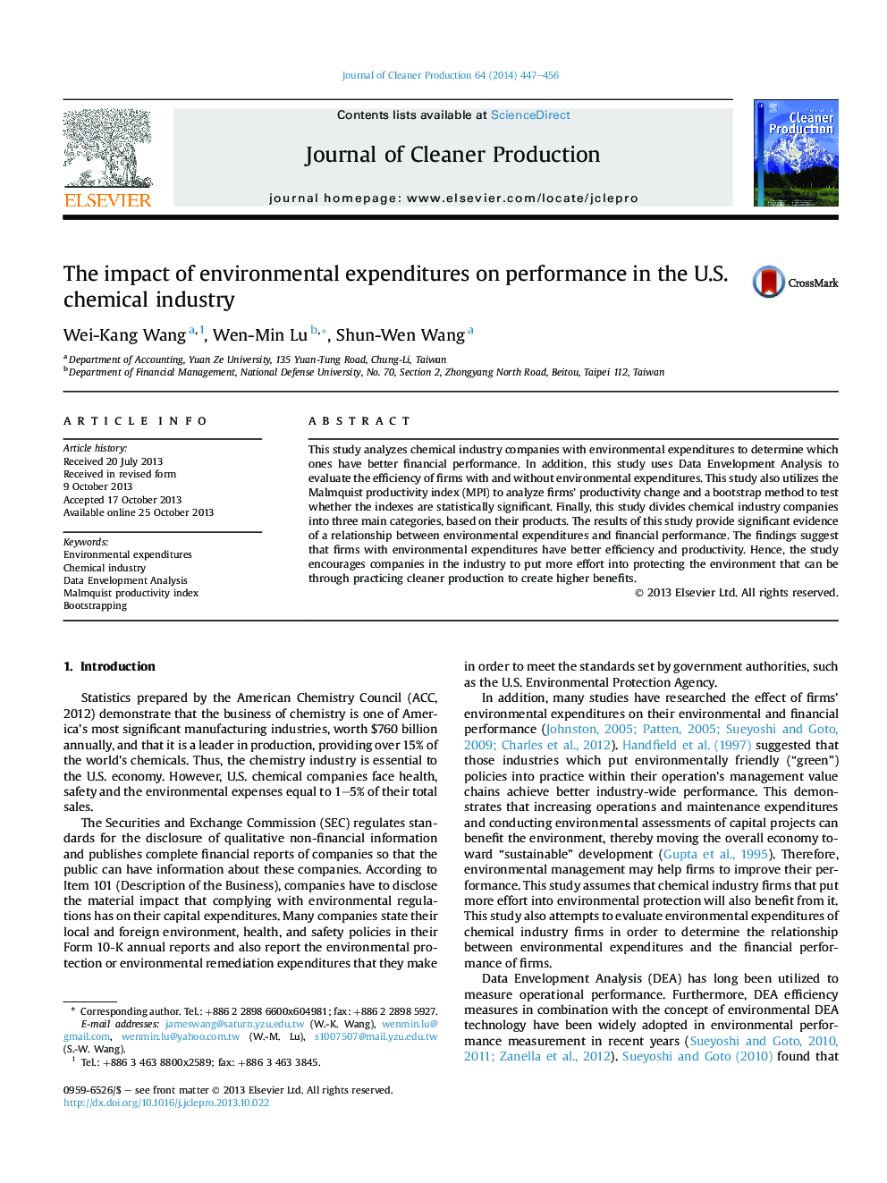 The impact of environmental expenditures on performance in the U.S. chemical industry