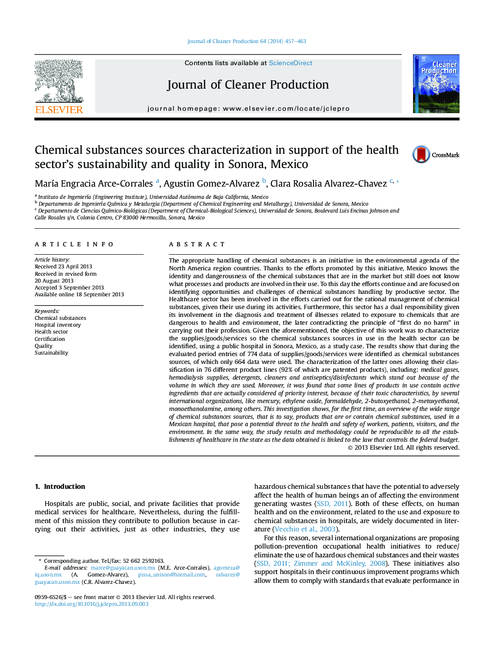 Chemical substances sources characterization in support of the health sector's sustainability and quality in Sonora, Mexico