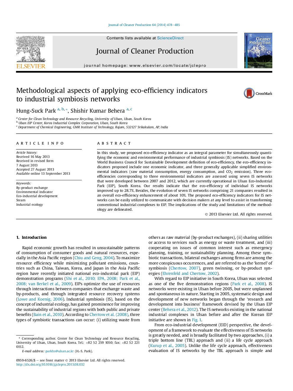 Methodological aspects of applying eco-efficiency indicators toÂ industrial symbiosis networks