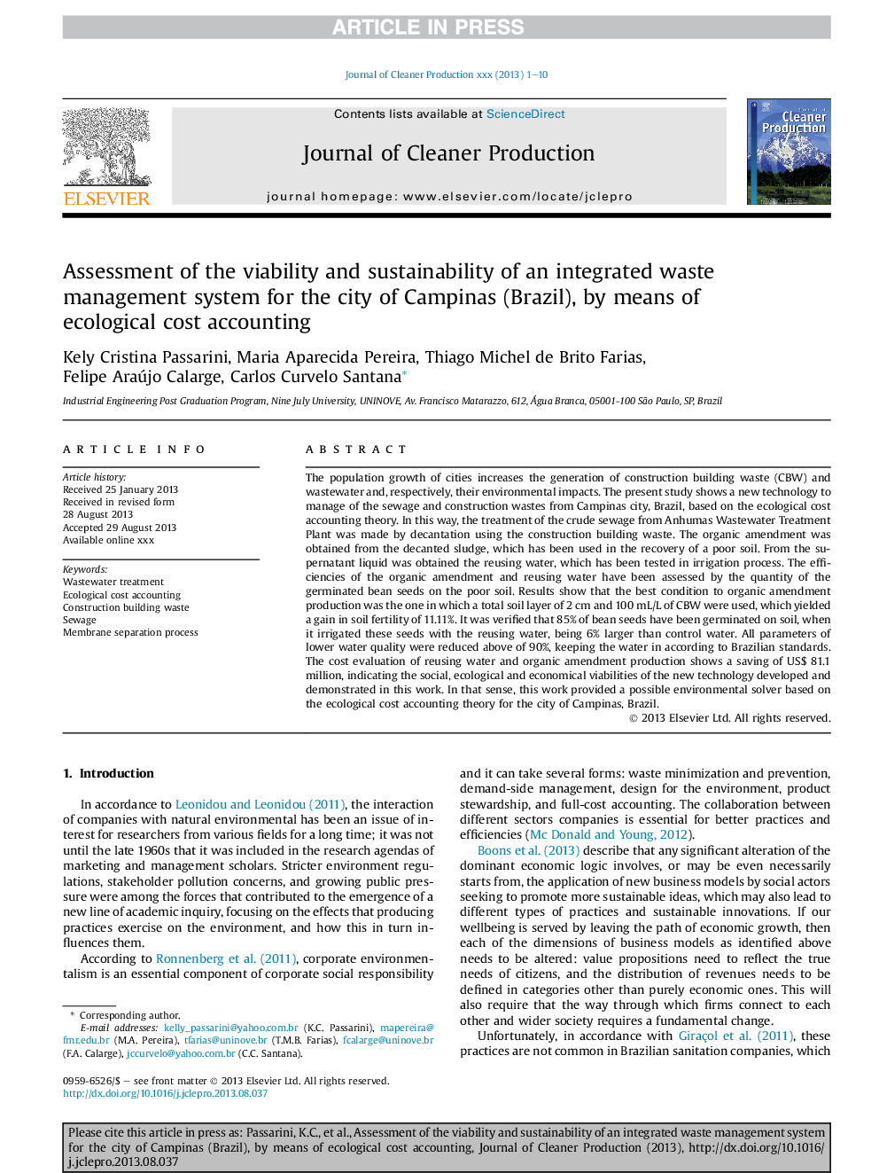 Assessment of the viability and sustainability of an integrated waste management system for the city of Campinas (Brazil), by means of ecological cost accounting