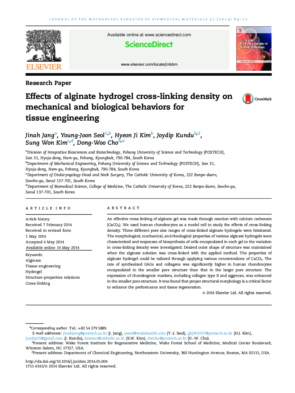 Effects of alginate hydrogel cross-linking density on mechanical and biological behaviors for tissue engineering