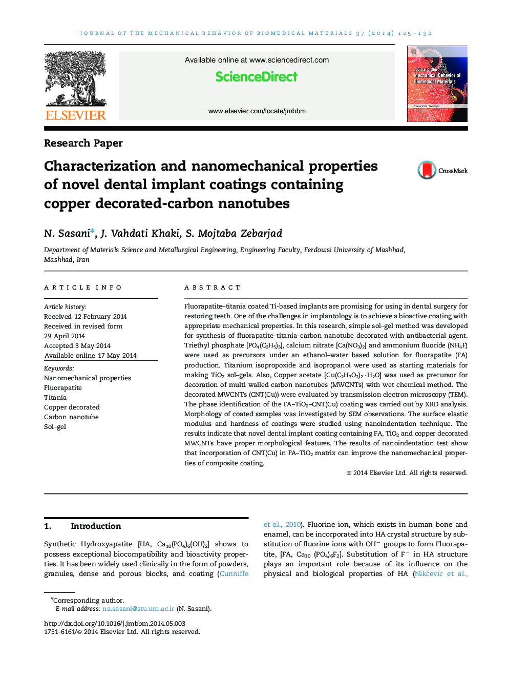 Characterization and nanomechanical properties of novel dental implant coatings containing copper decorated-carbon nanotubes