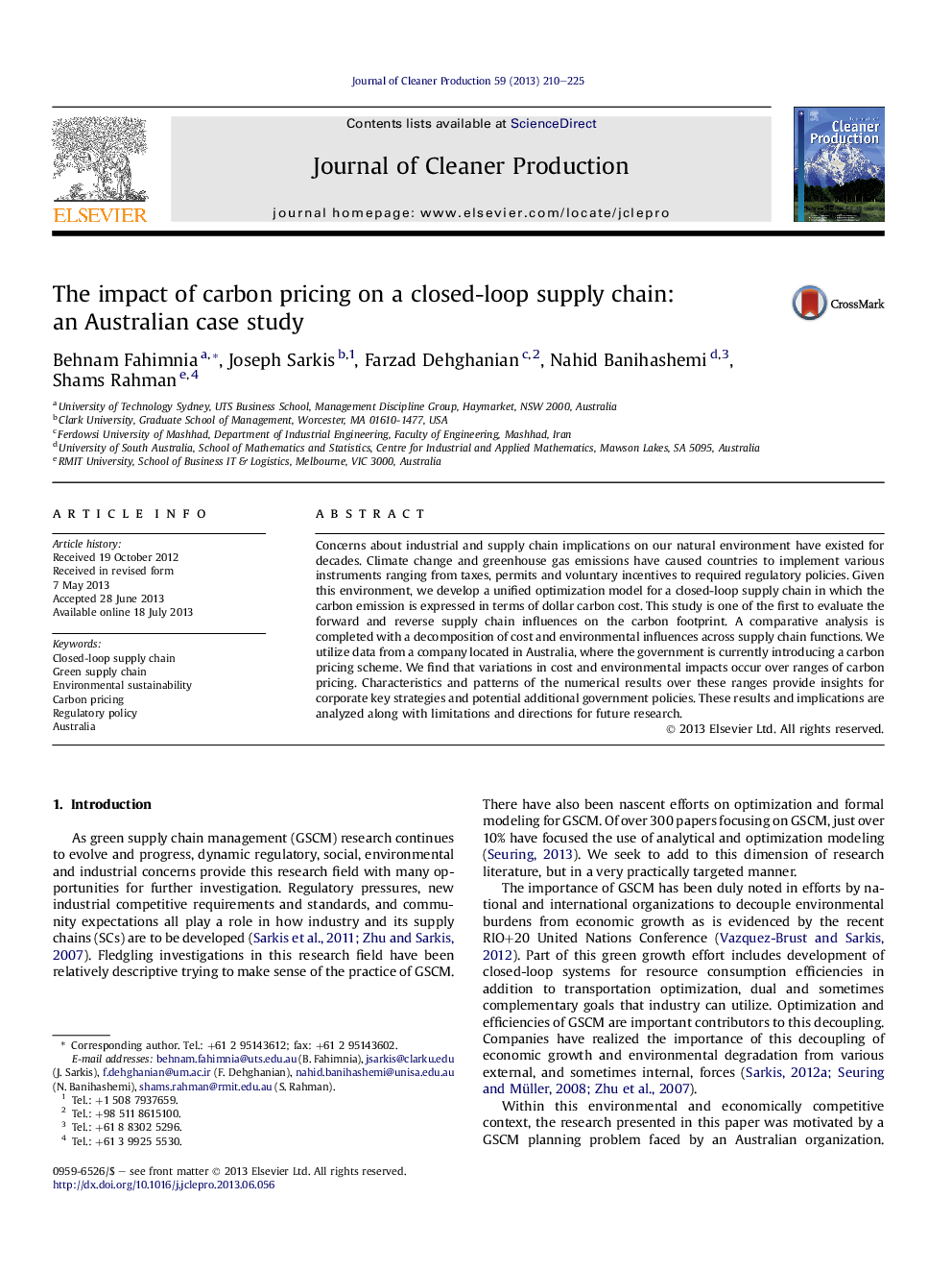 عکس صفحه اول مقاله: The impact of carbon pricing on a closed-loop supply chain: an Australian case study The impact of carbon pricing on a closed-loop supply chain: an Australian case study