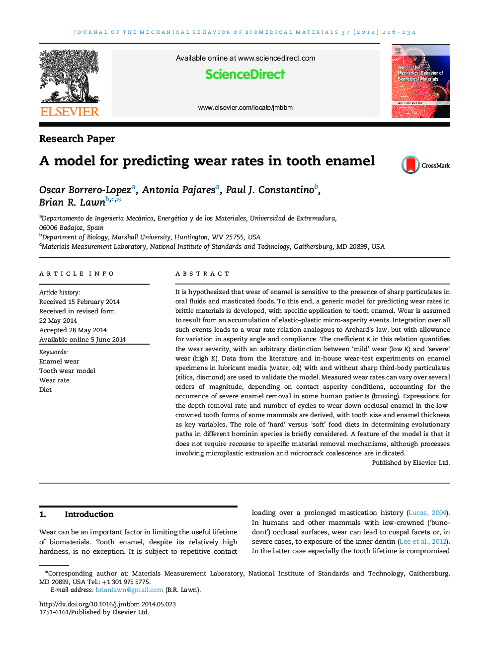 A model for predicting wear rates in tooth enamel