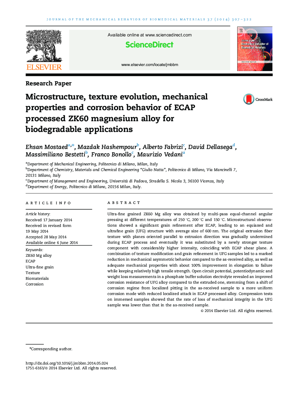 Microstructure, texture evolution, mechanical properties and corrosion behavior of ECAP processed ZK60 magnesium alloy for biodegradable applications