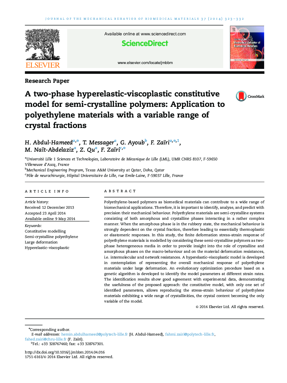 یک مدل سازنده دوپارامر-ویسکوپلاستی برای پلیمرهای نیمه بلوری: کاربرد در مواد پلی اتیلن با طیف متغیر کسرهای کریستال 