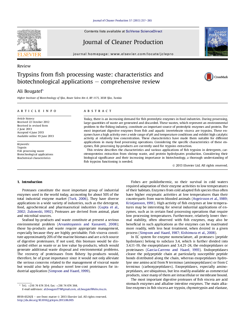 Trypsins from fish processing waste: characteristics and biotechnological applications - comprehensive review