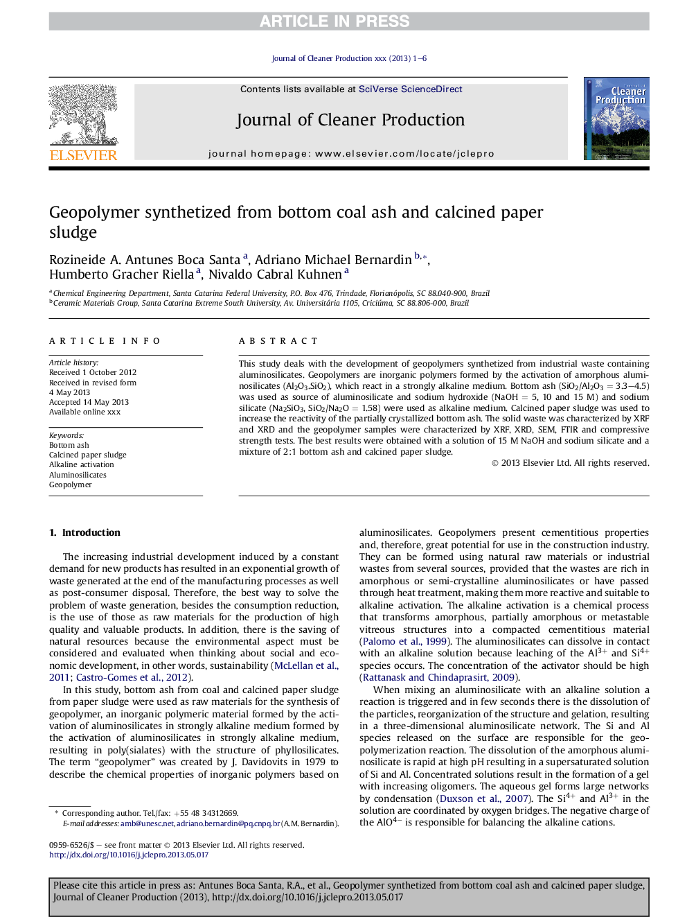 Geopolymer synthetized from bottom coal ash and calcined paper sludge