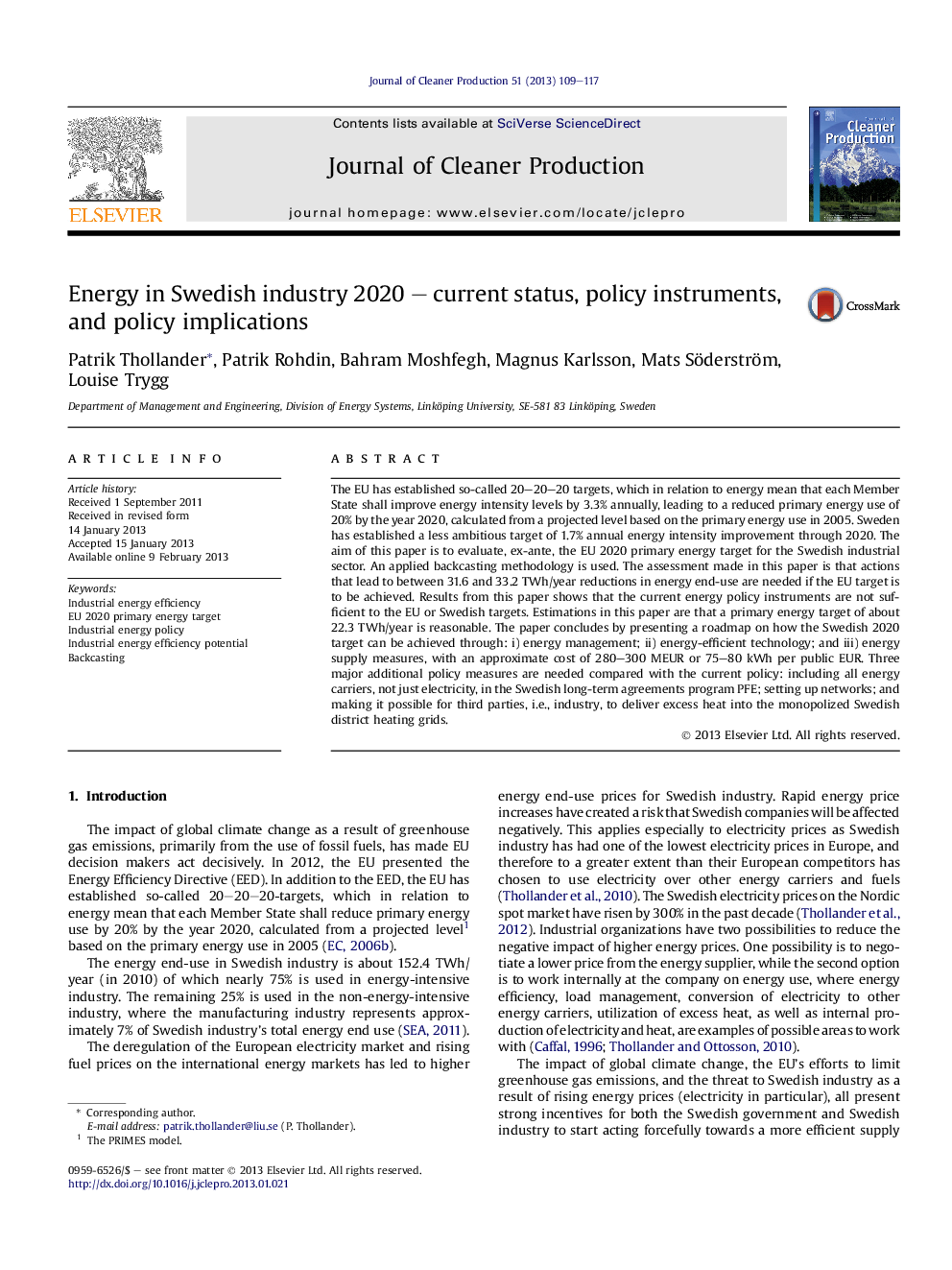 Energy in Swedish industry 2020 - current status, policy instruments, and policy implications