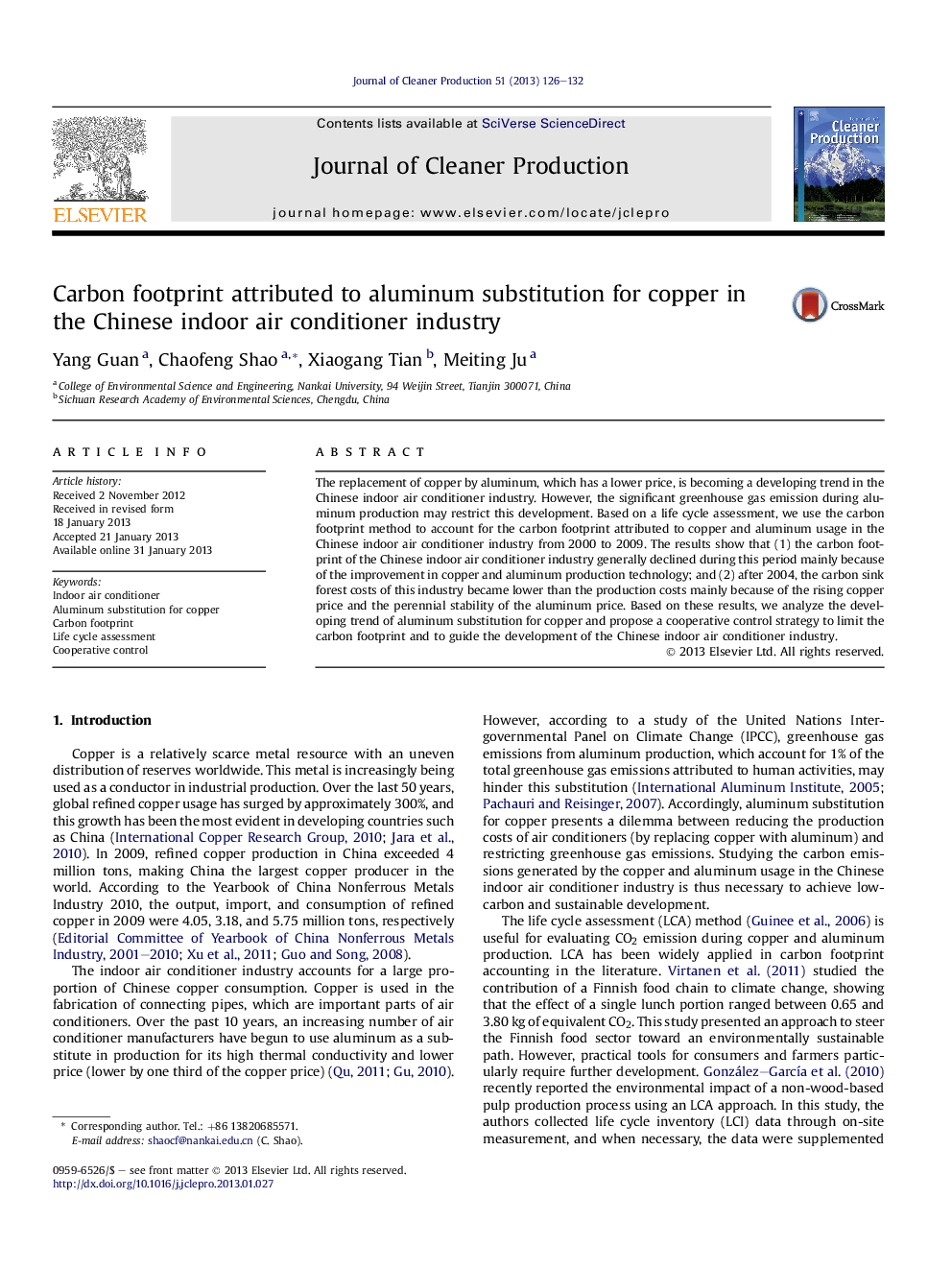 Carbon footprint attributed to aluminum substitution for copper in the Chinese indoor air conditioner industry