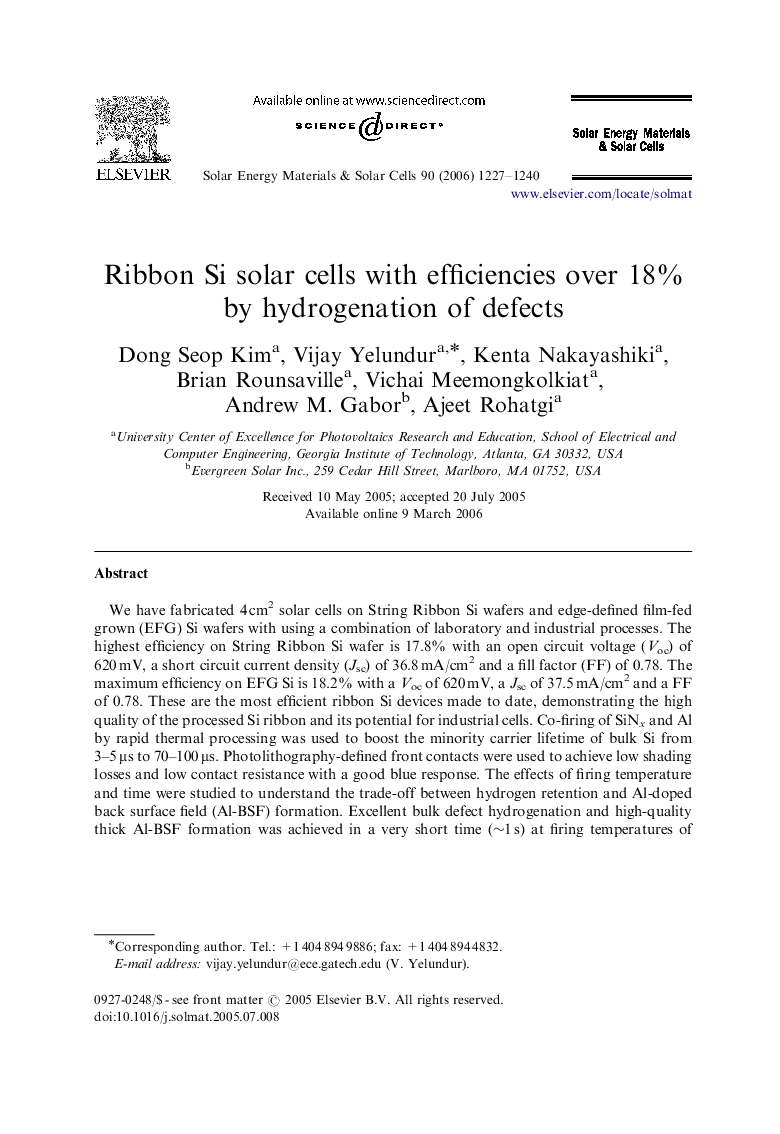 Ribbon Si solar cells with efficiencies over 18% by hydrogenation of defects