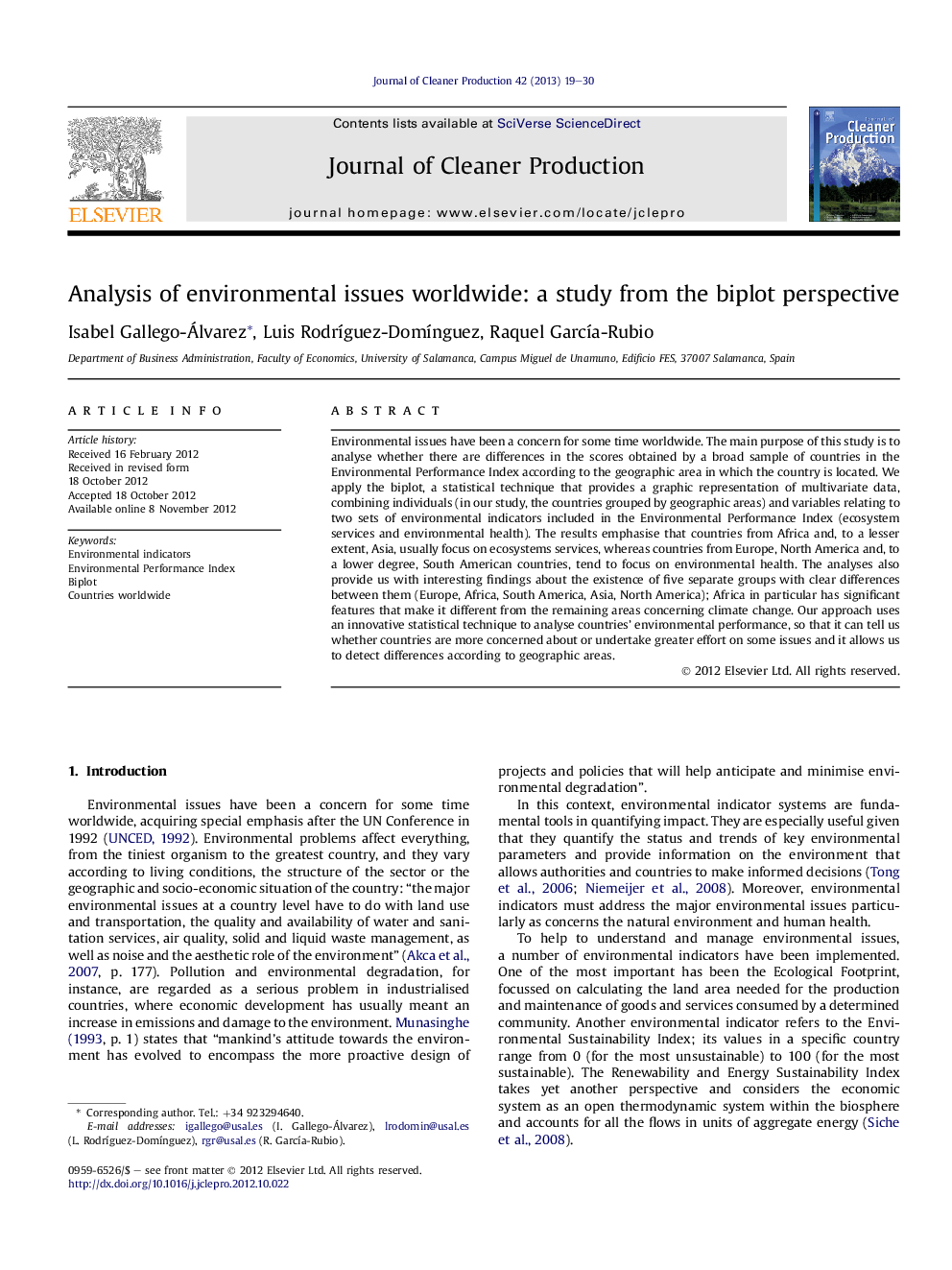 Analysis of environmental issues worldwide: a study from the biplot perspective