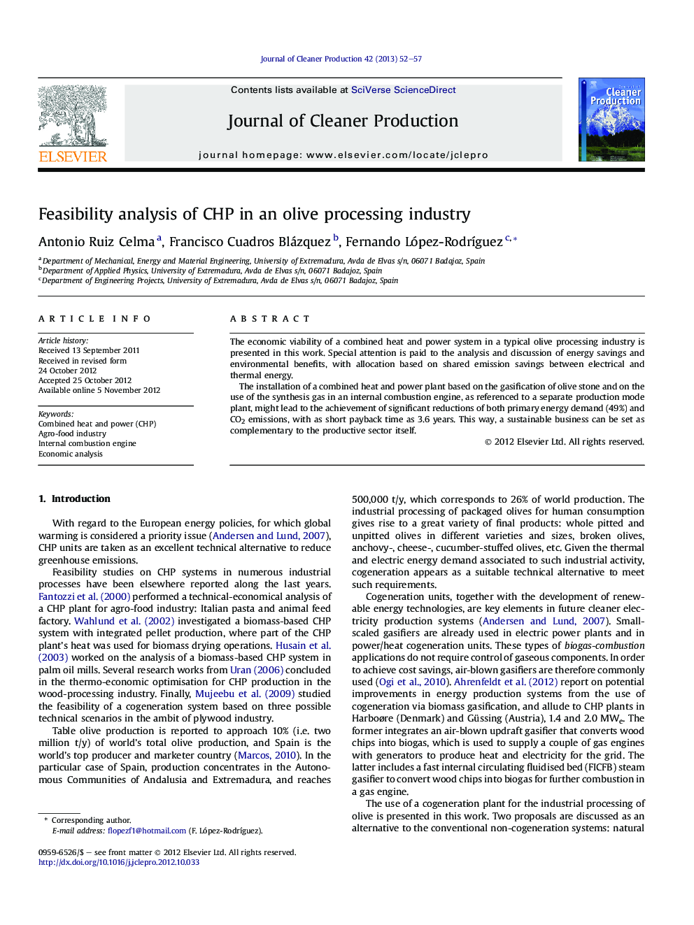 عکس صفحه اول مقاله: Feasibility analysis of CHP in an olive processing industry Feasibility analysis of CHP in an olive processing industry