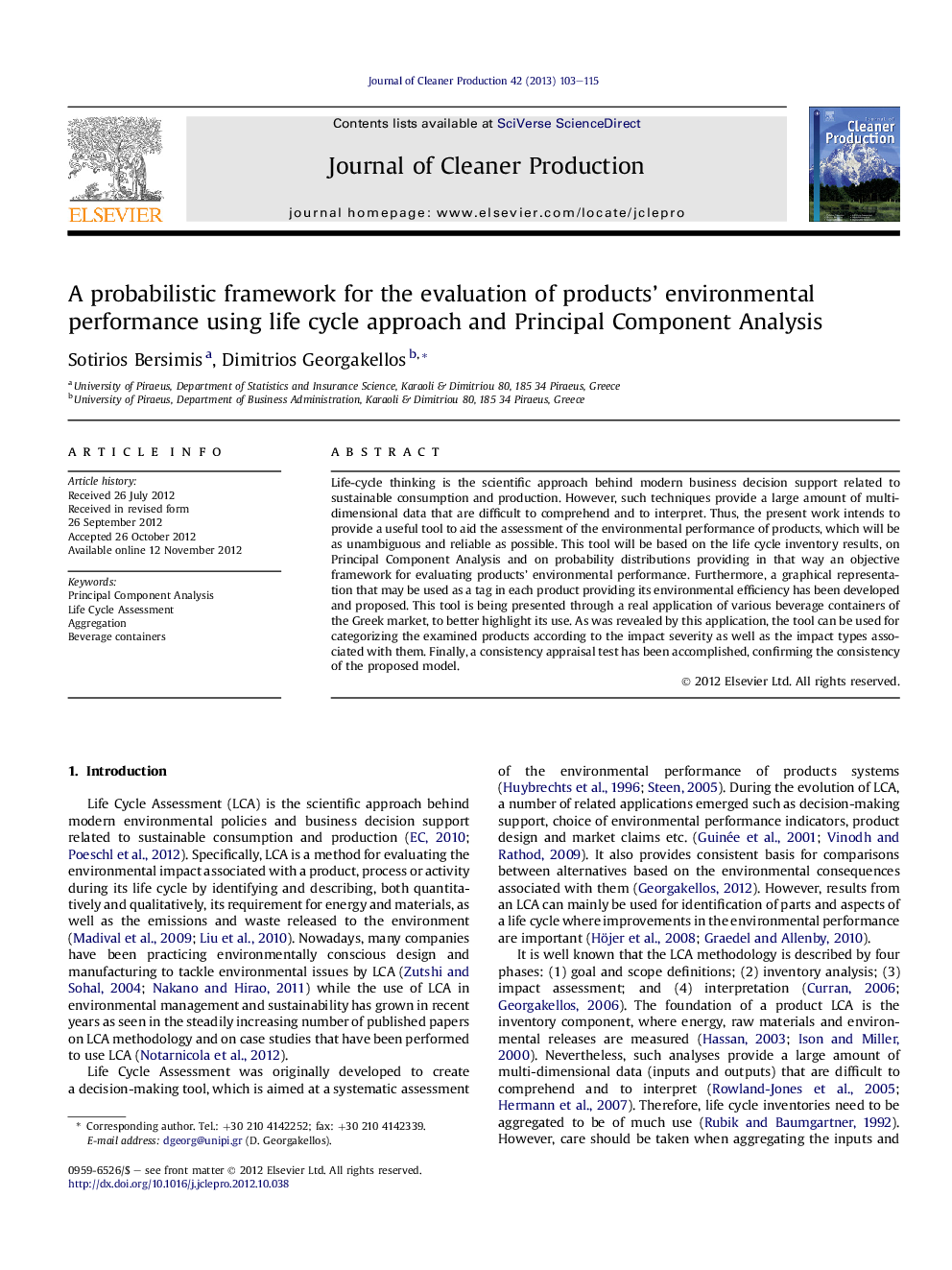 A probabilistic framework for the evaluation of products' environmental performance using life cycle approach and Principal Component Analysis