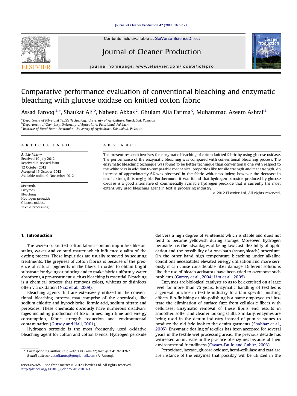 Comparative performance evaluation of conventional bleaching and enzymatic bleaching with glucose oxidase on knitted cotton fabric