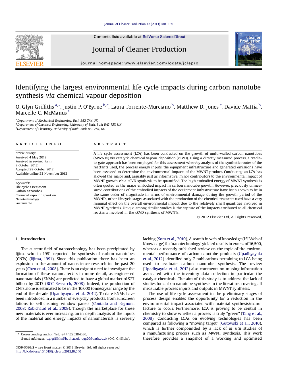 Identifying the largest environmental life cycle impacts during carbon nanotube synthesis via chemical vapour deposition