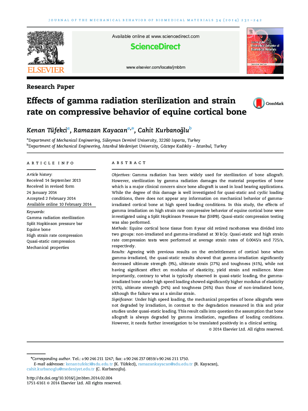 Effects of gamma radiation sterilization and strain rate on compressive behavior of equine cortical bone