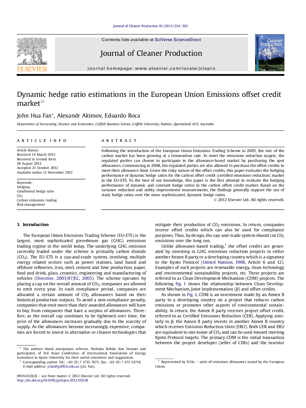 Dynamic hedge ratio estimations in the European Union Emissions offset credit market