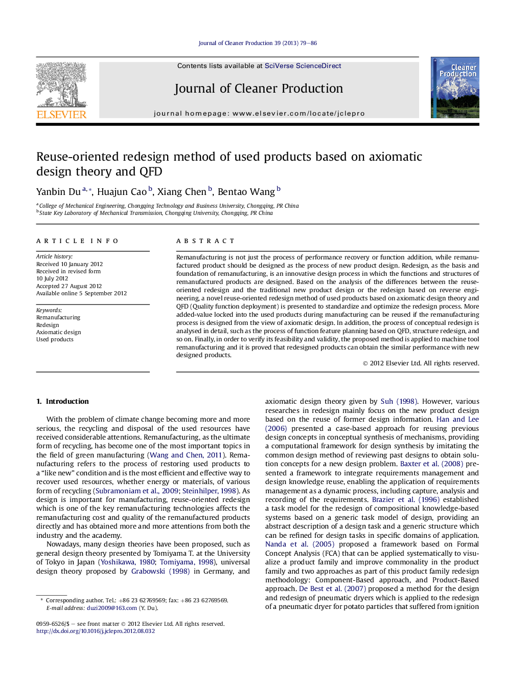 Reuse-oriented redesign method of used products based on axiomatic design theory and QFD