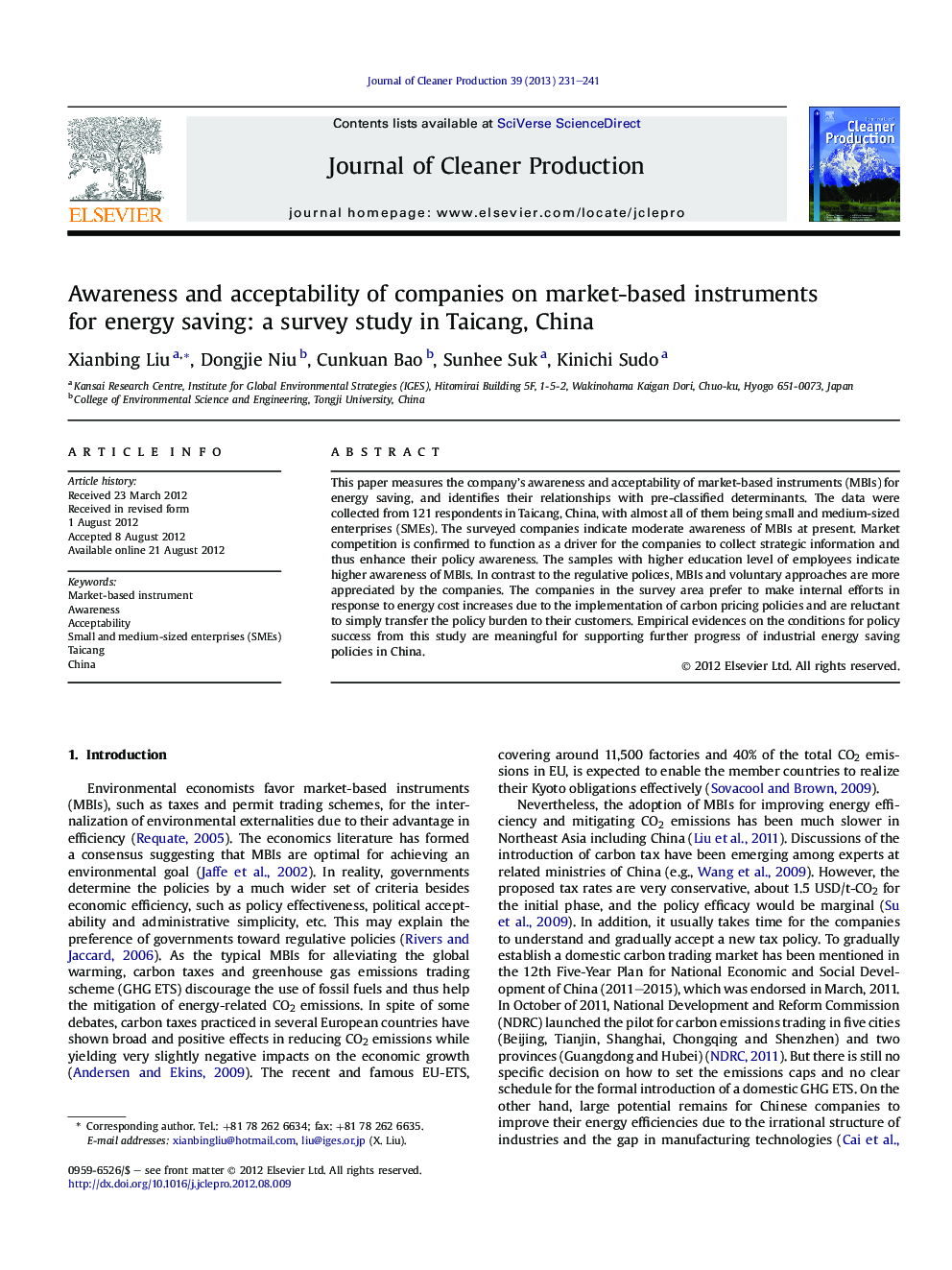 Awareness and acceptability of companies on market-based instruments for energy saving: a survey study in Taicang, China