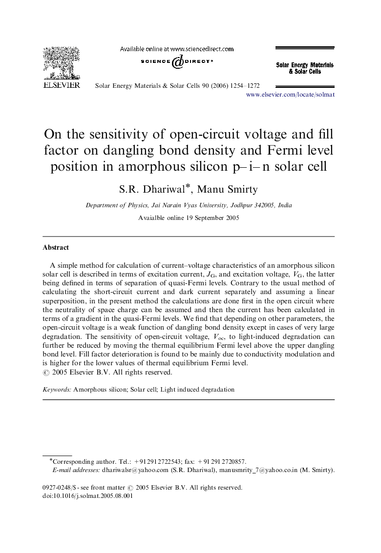 عکس صفحه اول مقاله: On the sensitivity of open-circuit voltage and fill factor on dangling bond density and Fermi level position in amorphous silicon p–i–n solar cell On the sensitivity of open-circuit voltage and fill factor on dangling bond density and Fermi level position in amorphous silicon p–i–n solar cell