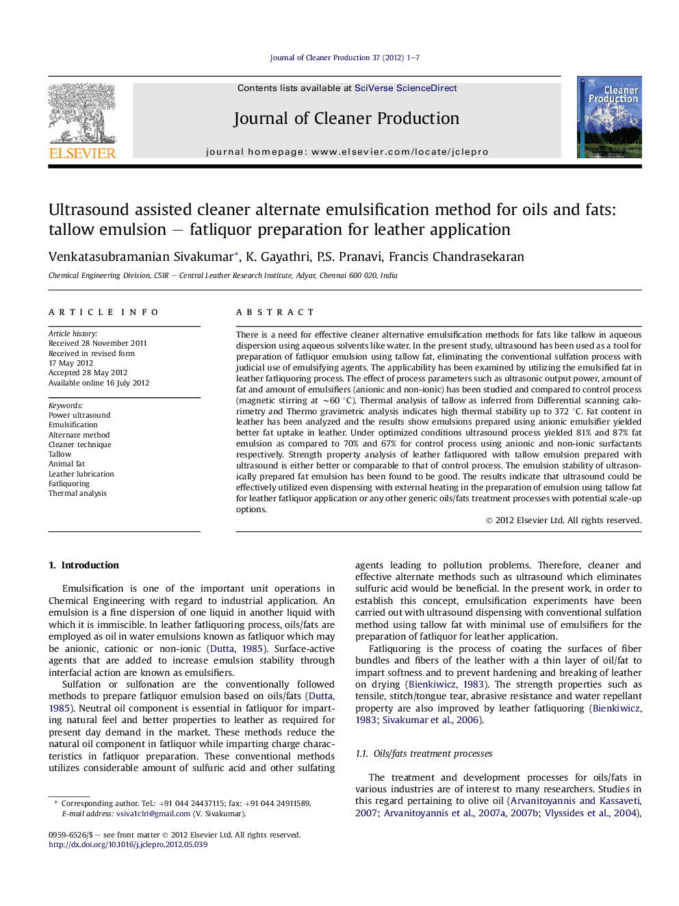 Ultrasound assisted cleaner alternate emulsification method for oils and fats: tallow emulsion - fatliquor preparation for leather application