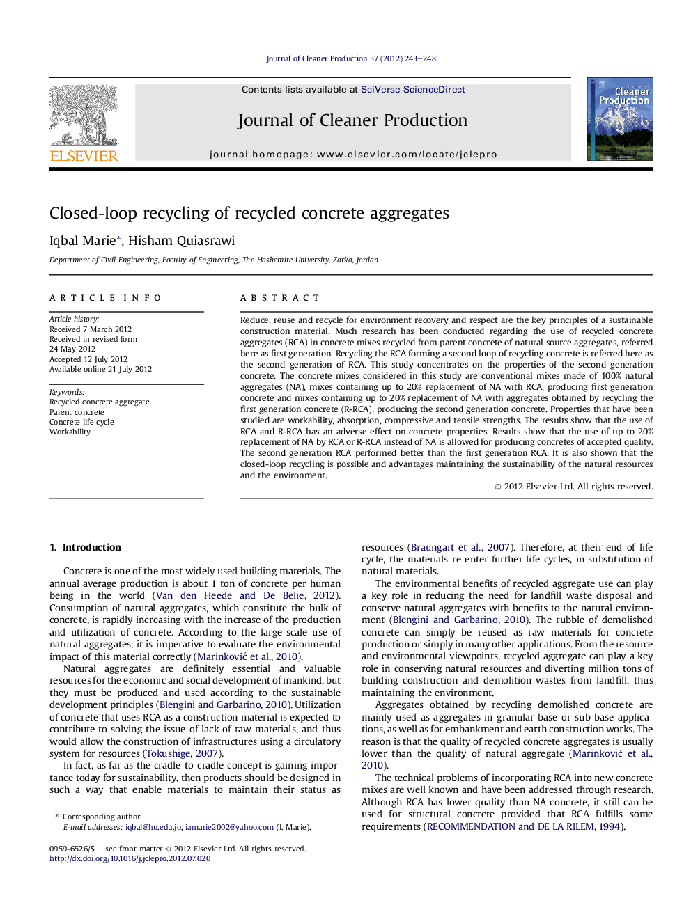 Closed-loop recycling of recycled concrete aggregates