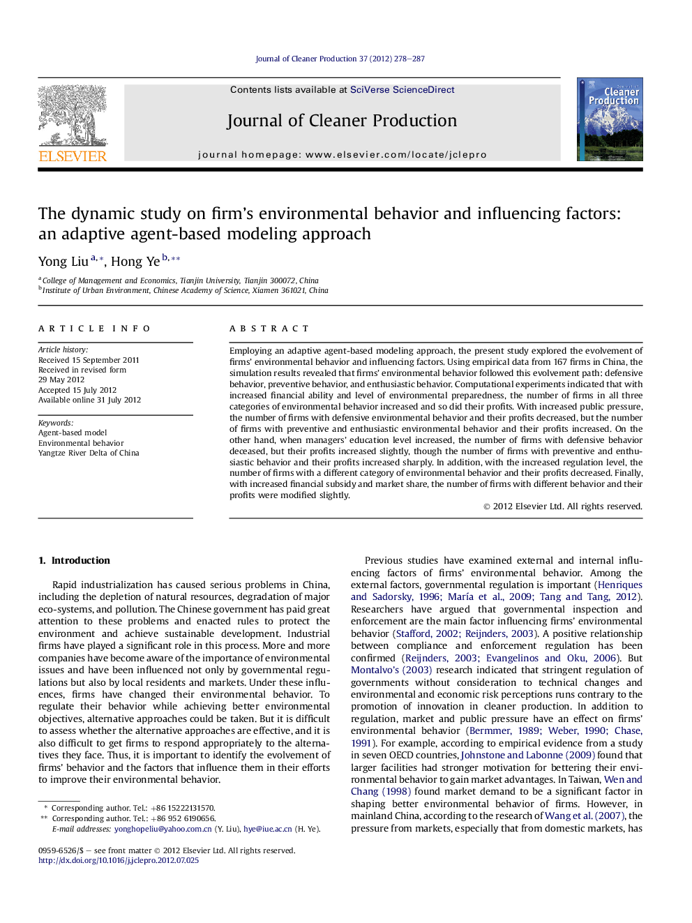 The dynamic study on firm's environmental behavior and influencing factors: an adaptive agent-based modeling approach