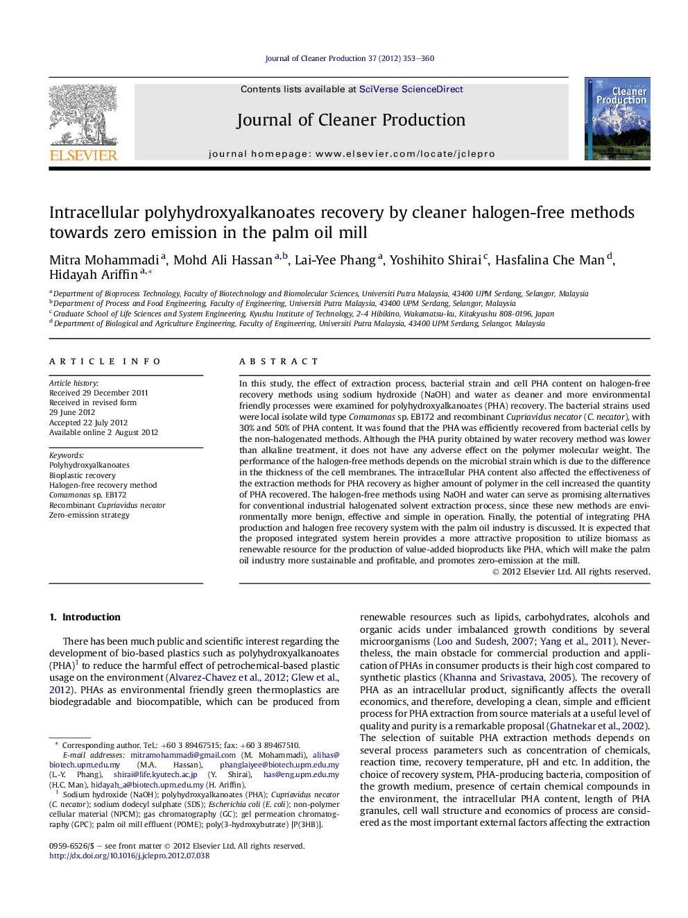 عکس صفحه اول مقاله: Intracellular polyhydroxyalkanoates recovery by cleaner halogen-free methods towards zero emission in the palm oil mill Intracellular polyhydroxyalkanoates recovery by cleaner halogen-free methods towards zero emission in the palm oil mill