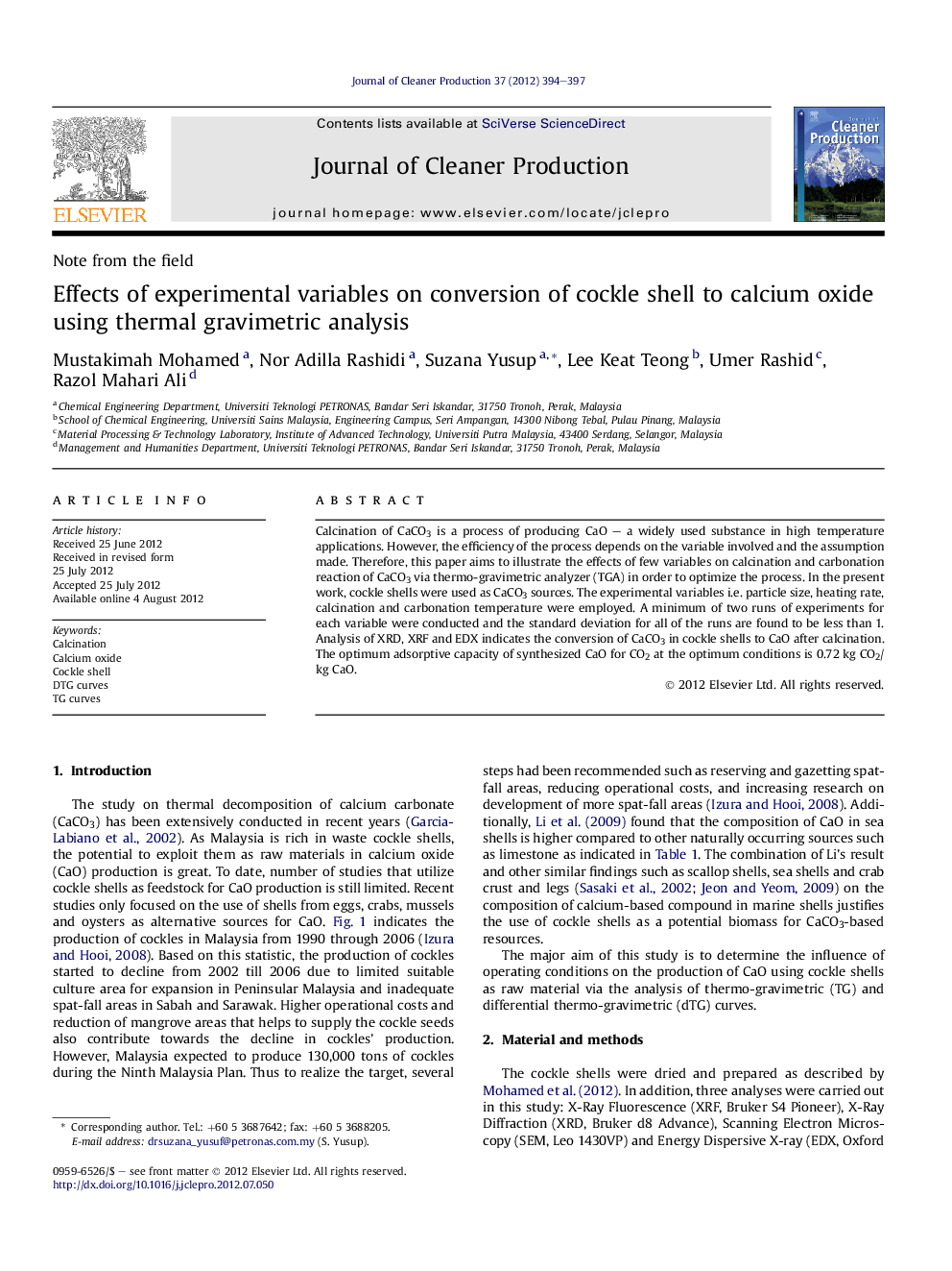 Effects of experimental variables on conversion of cockle shell to calcium oxide using thermal gravimetric analysis