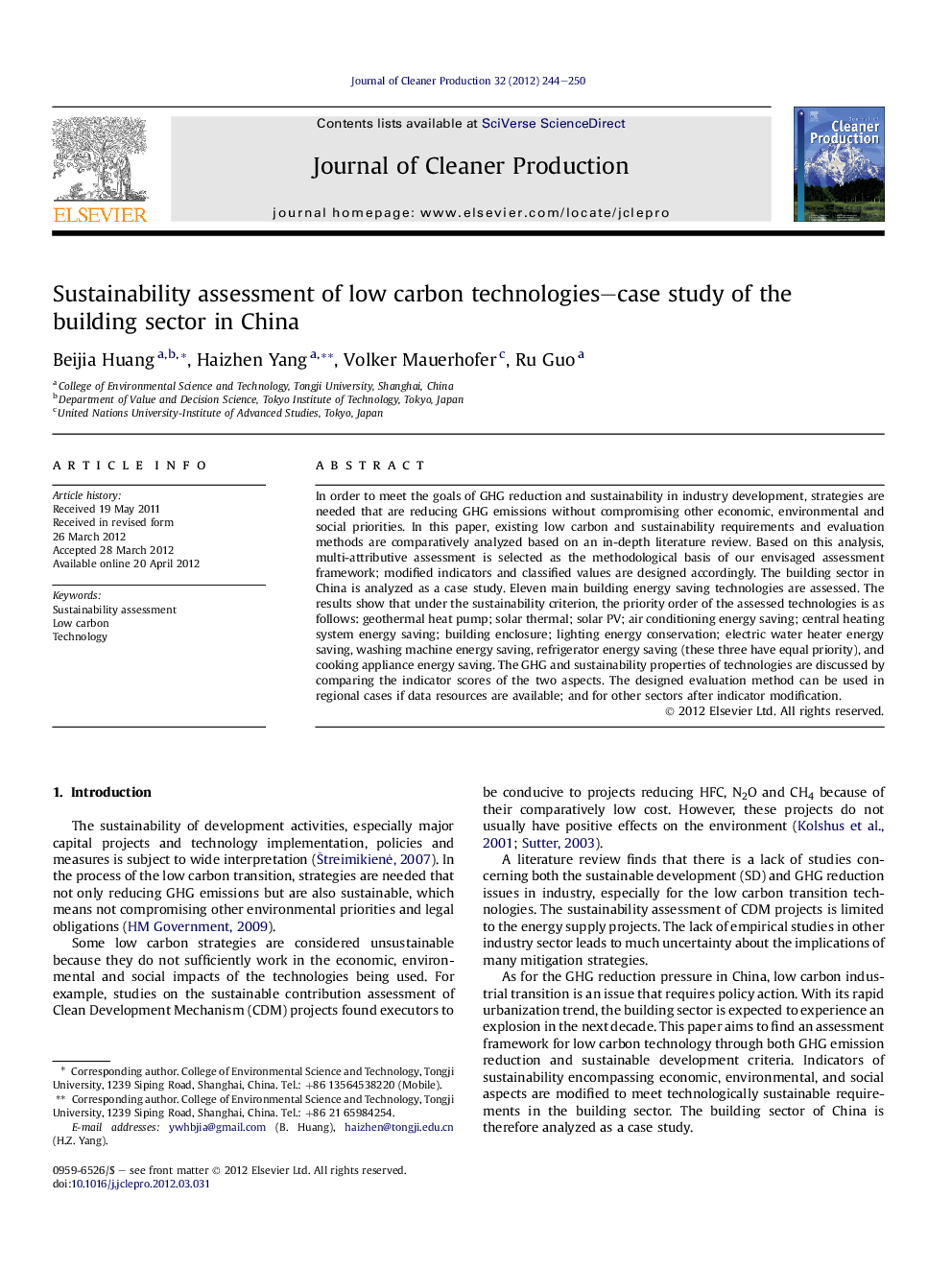 Sustainability assessment of low carbon technologies-case study of the building sector in China