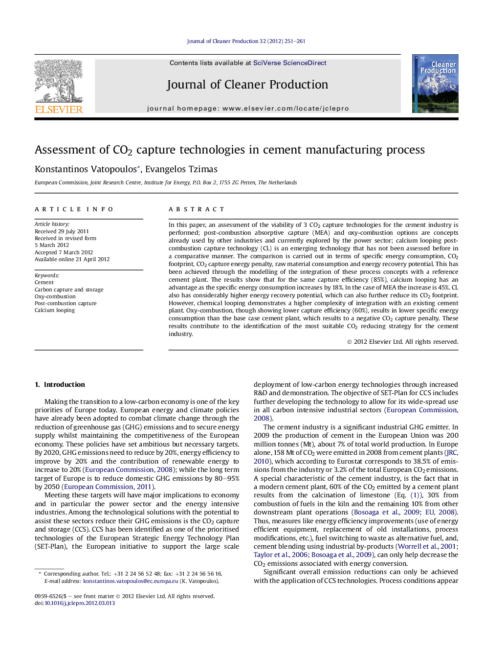 Assessment of CO2 capture technologies in cement manufacturing process