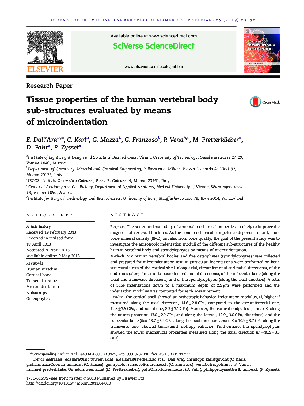 Tissue properties of the human vertebral body sub-structures evaluated by means of microindentation