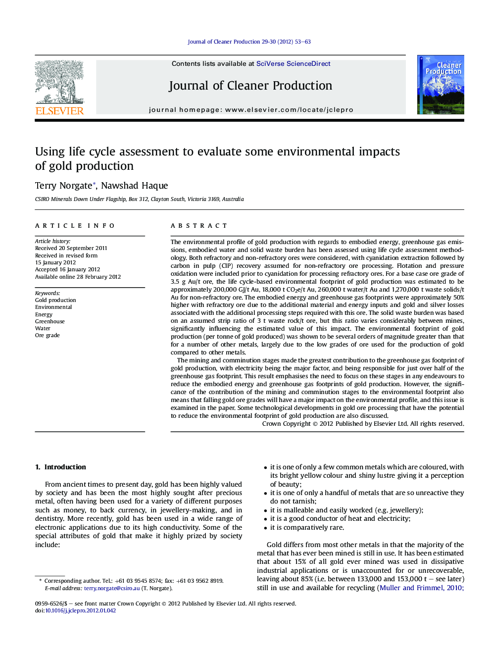 Using life cycle assessment to evaluate some environmental impacts of gold production