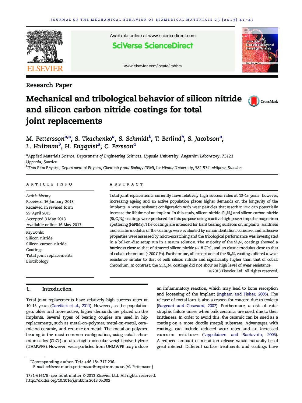 Mechanical and tribological behavior of silicon nitride and silicon carbon nitride coatings for total joint replacements