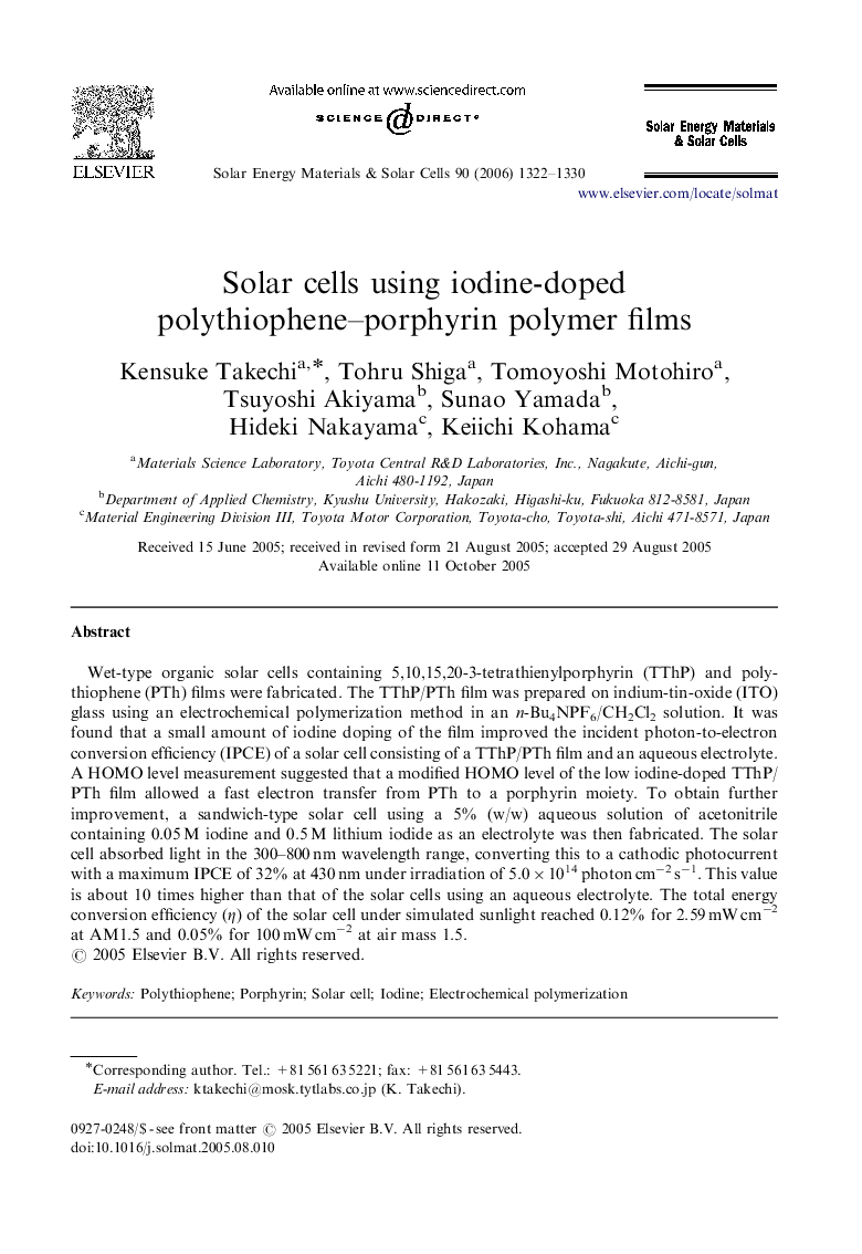 Solar cells using iodine-doped polythiophene–porphyrin polymer films