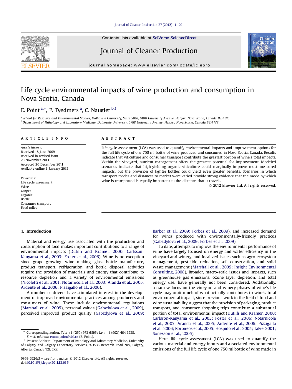 Life cycle environmental impacts of wine production and consumption in Nova Scotia, Canada