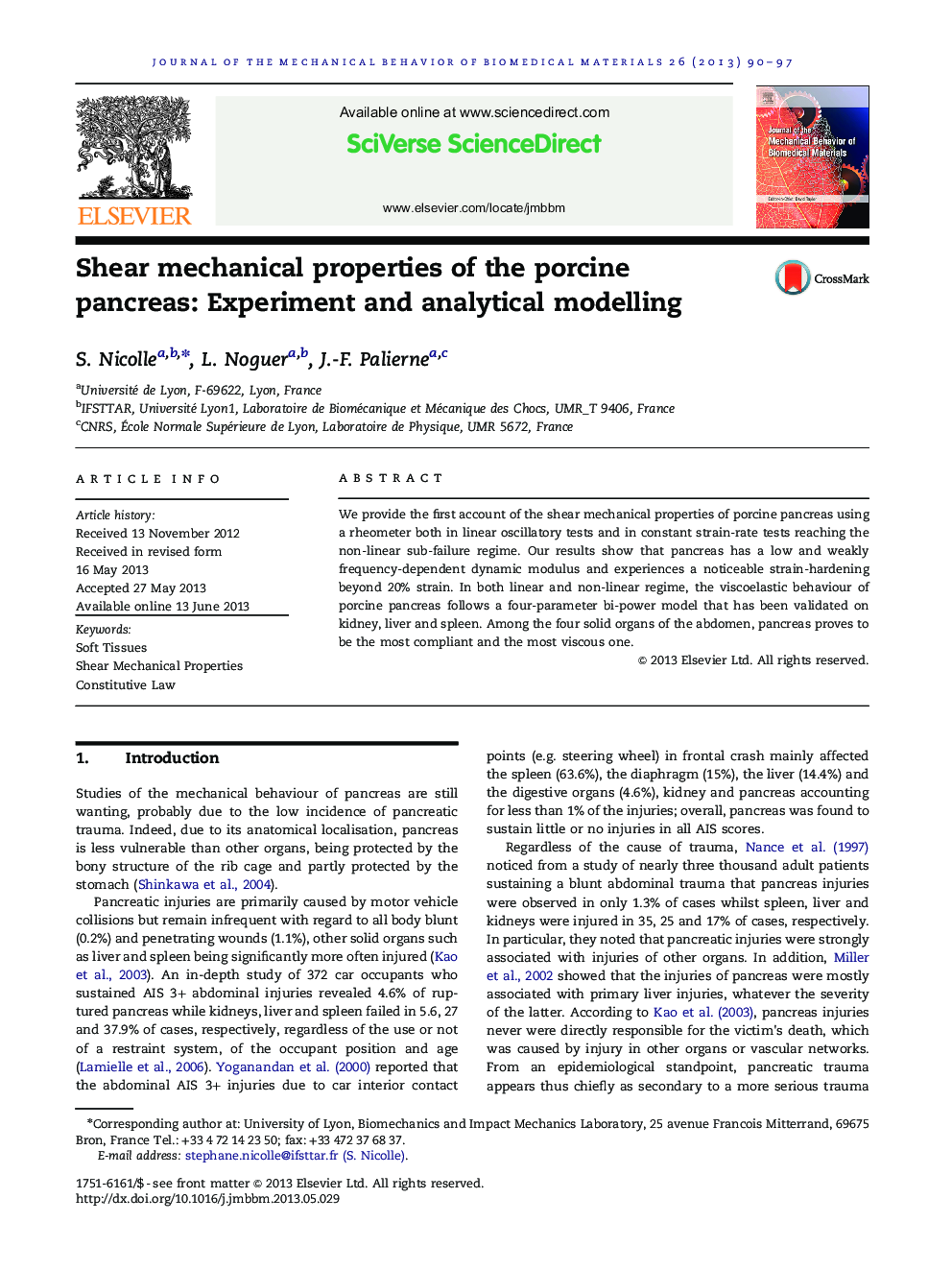 Shear mechanical properties of the porcine pancreas: Experiment and analytical modelling