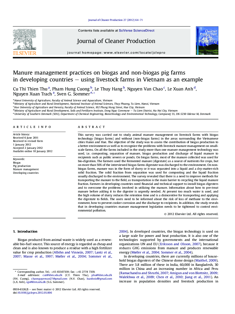 Manure management practices on biogas and non-biogas pig farms in developing countries - using livestock farms in Vietnam as an example