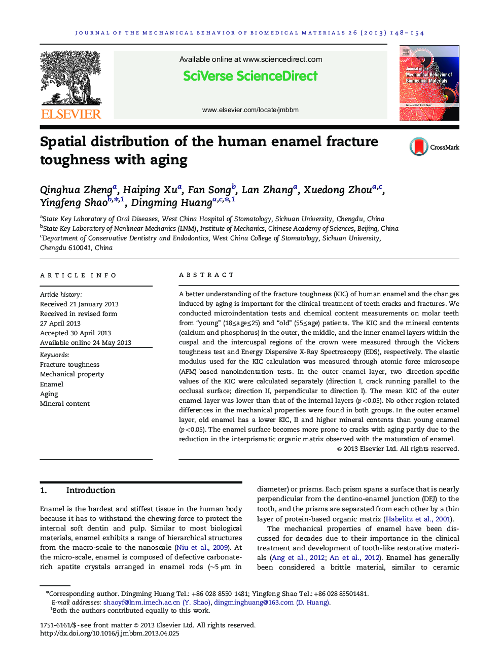 Spatial distribution of the human enamel fracture toughness with aging