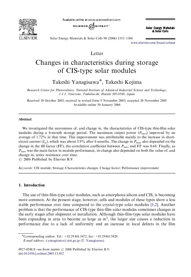 Changes in characteristics during storage of CIS-type solar modules