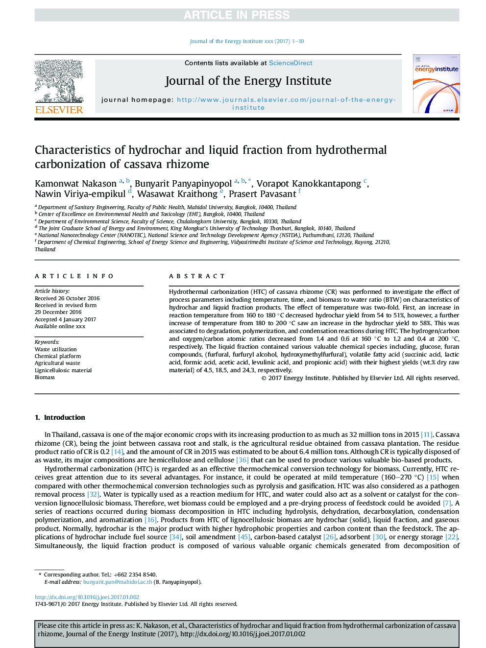 Characteristics of hydrochar and liquid fraction from hydrothermal carbonization of cassava rhizome