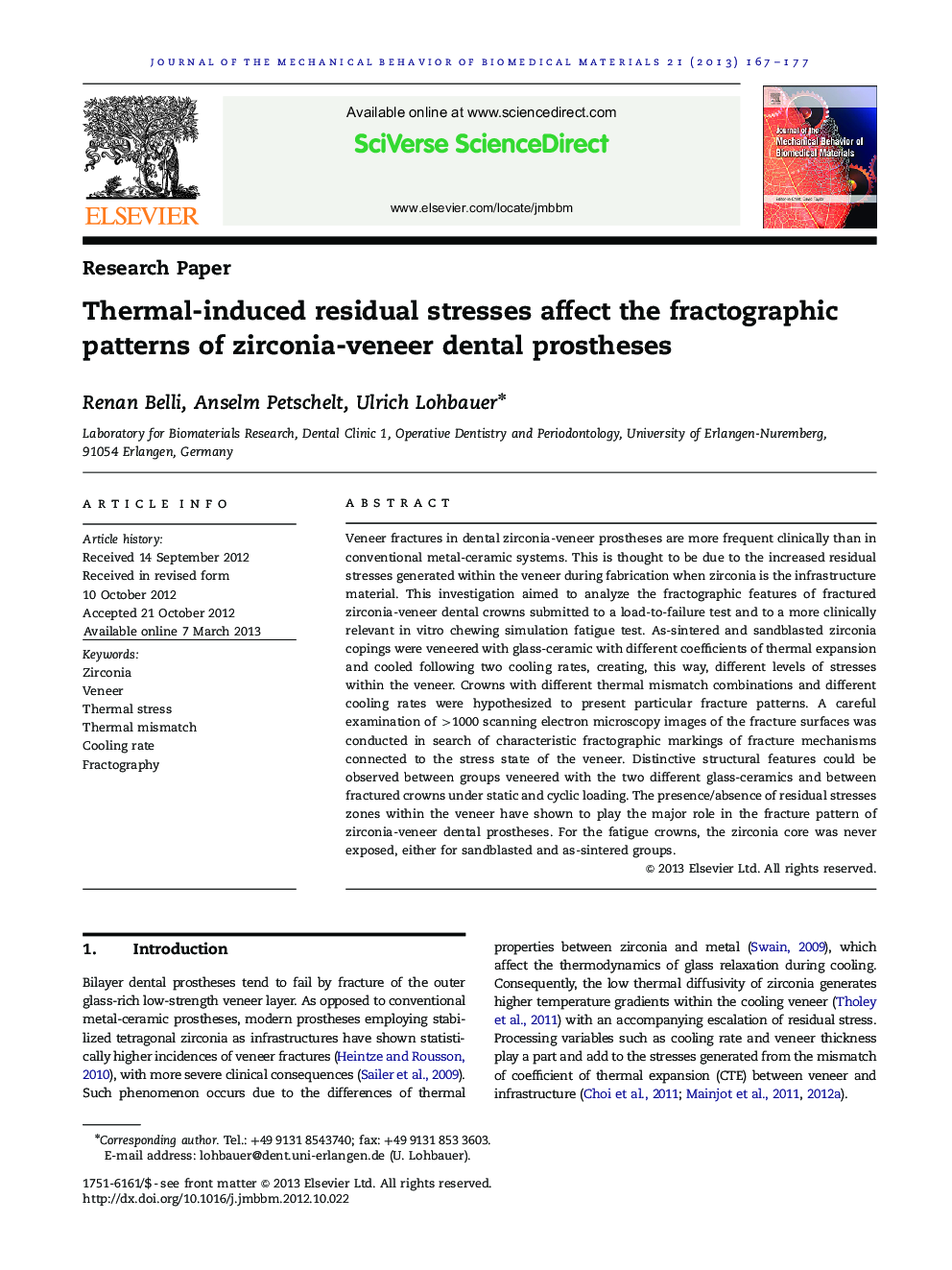 Thermal-induced residual stresses affect the fractographic patterns of zirconia-veneer dental prostheses