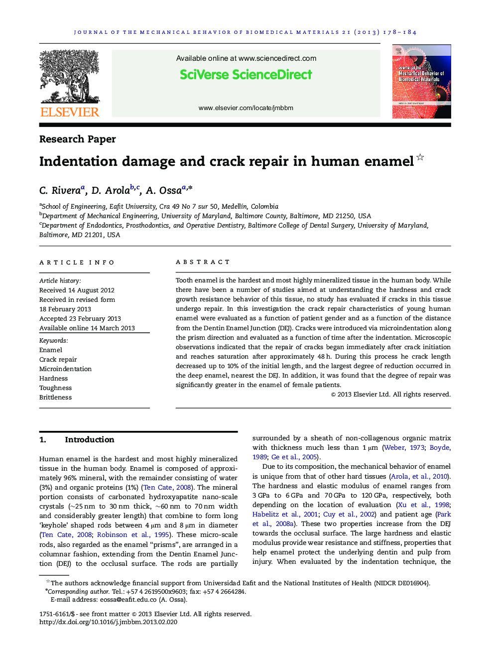 Indentation damage and crack repair in human enamel 