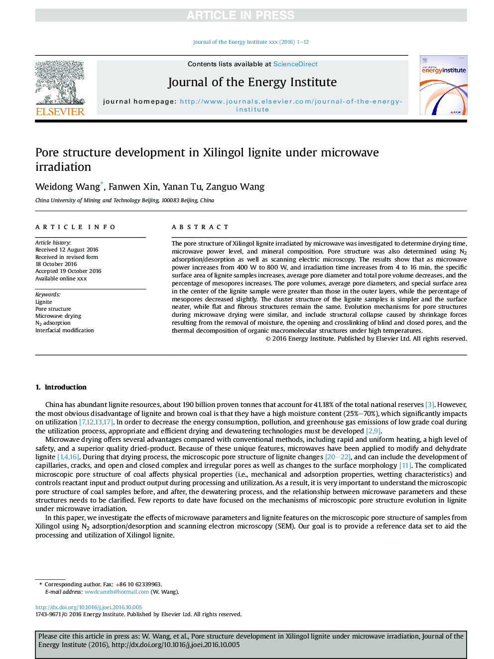 Pore structure development in Xilingol lignite under microwave irradiation