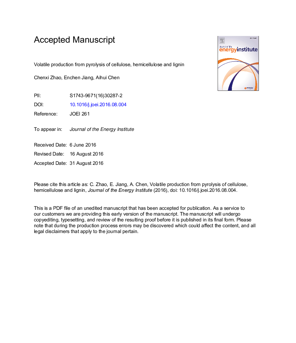 Volatile production from pyrolysis of cellulose, hemicellulose and lignin