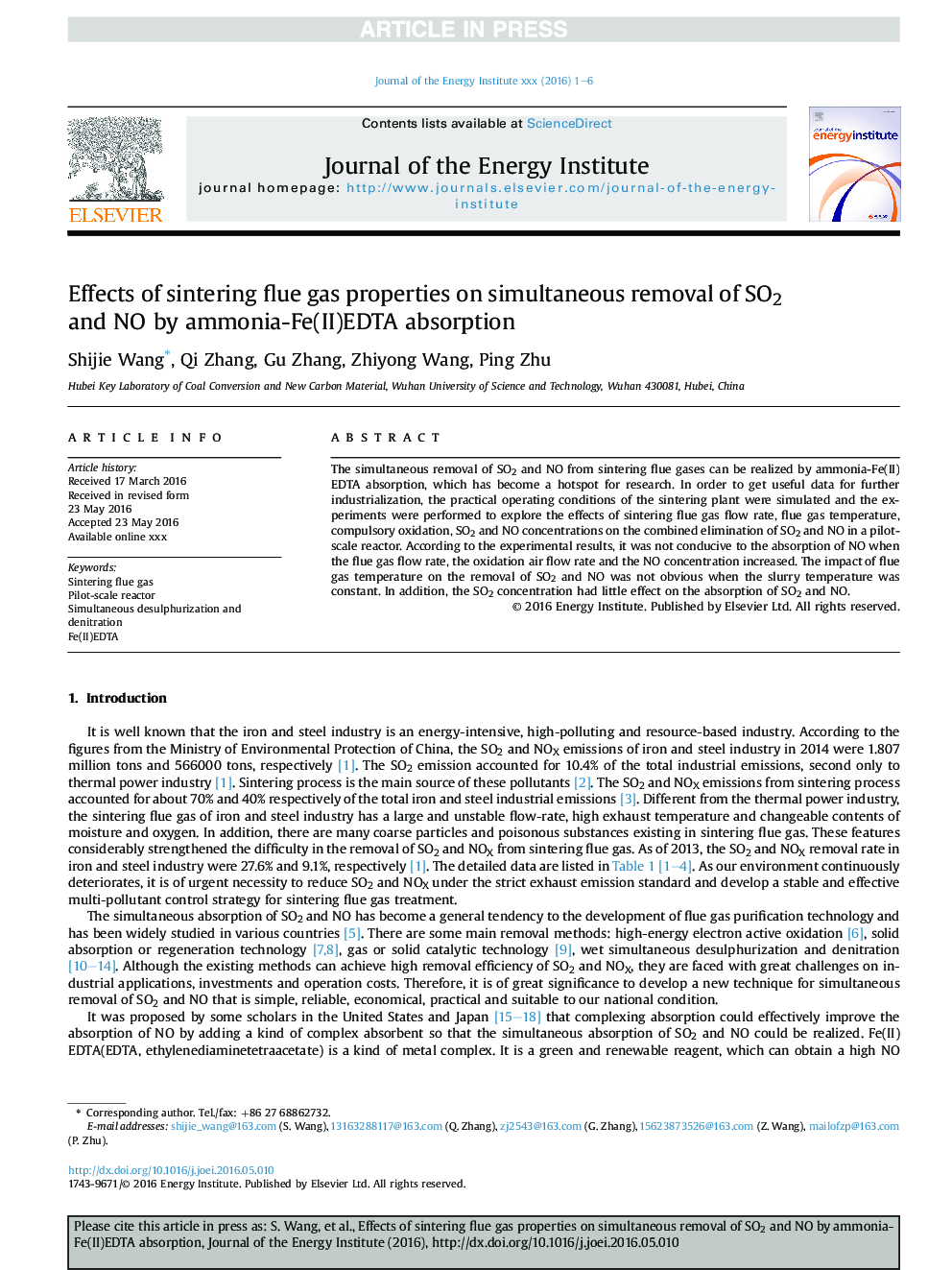 Effects of sintering flue gas properties on simultaneous removal of SO2 and NO by ammonia-Fe(II)EDTA absorption