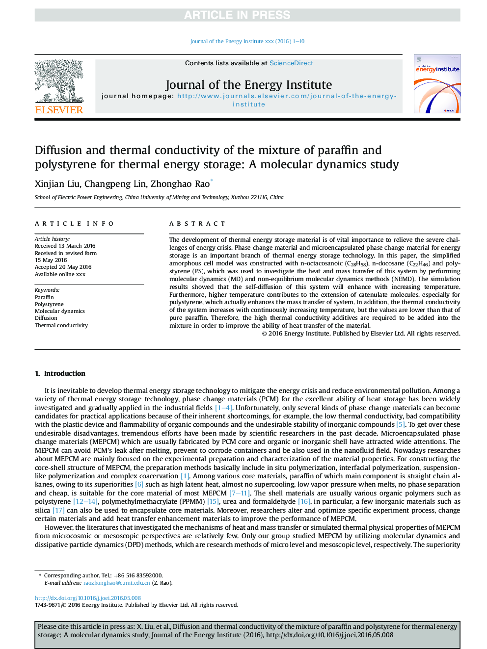 پخش و هدایت حرارتی مخلوط پارافین و پلی استایرن برای ذخیره انرژی حرارتی: مطالعه دینامیک مولکولی 