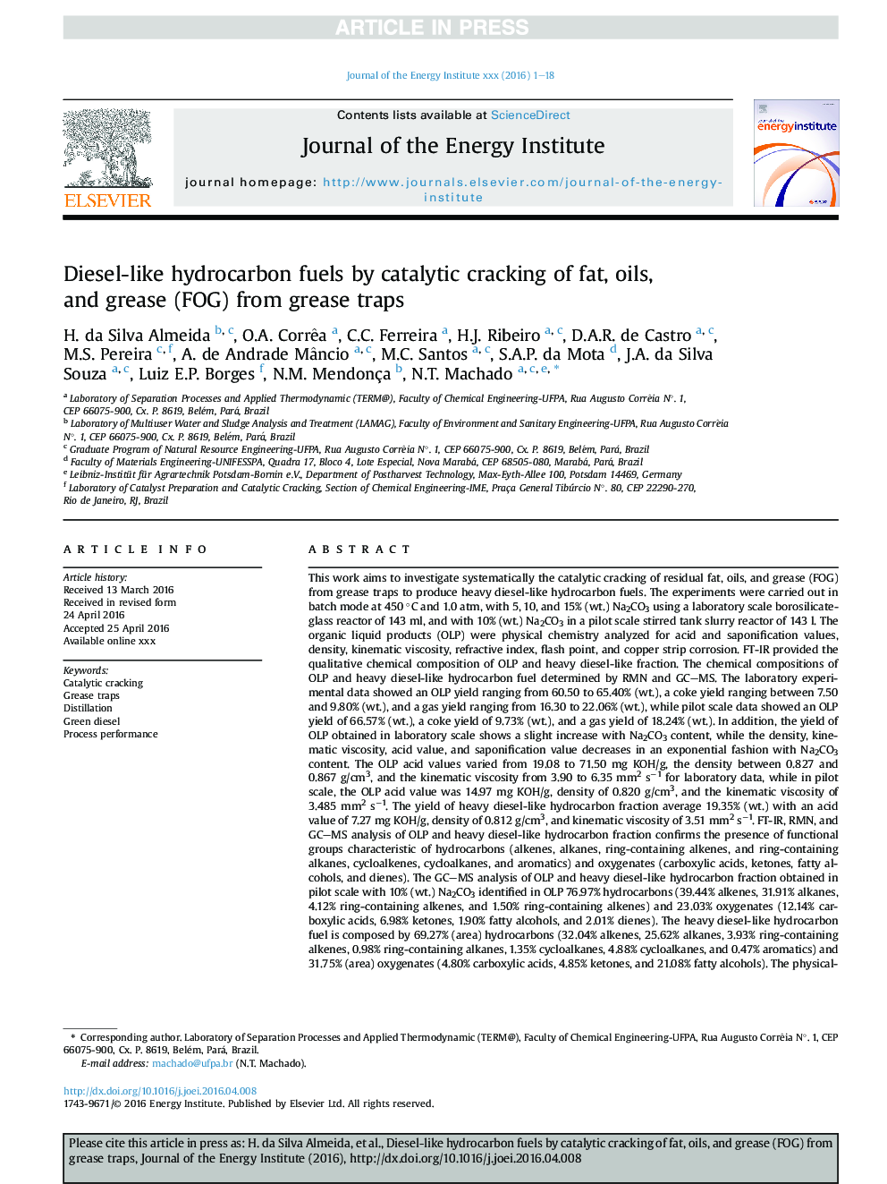 Diesel-like hydrocarbon fuels by catalytic cracking of fat, oils, and grease (FOG) from grease traps